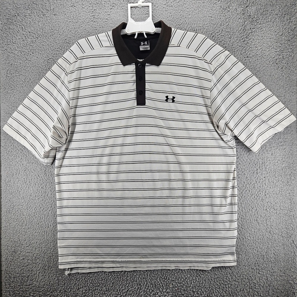 Under Armour Mens XL White Black Striped Short Sleeve Golf Polo Shirt HeatGear